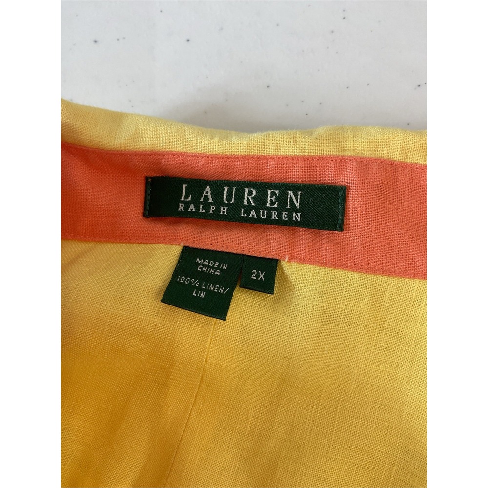 Lauren Ralph Lauren 2X Yellow Linen Button Up Shirt Crest Logo Coral Trim Beach - Picture 3 of 8